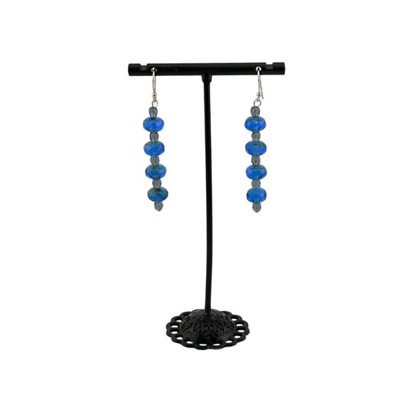 Faceted Cobalt Blue Linear Beaded Earrings Czech Glass Platinum Plated Ear Wires - Picture 2 of 8